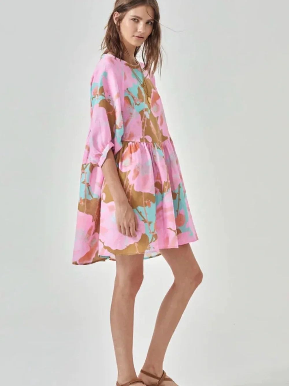 Lanhtropy Alcala Oversized Linen Shirt Dress | Pink Floral | Size S/M